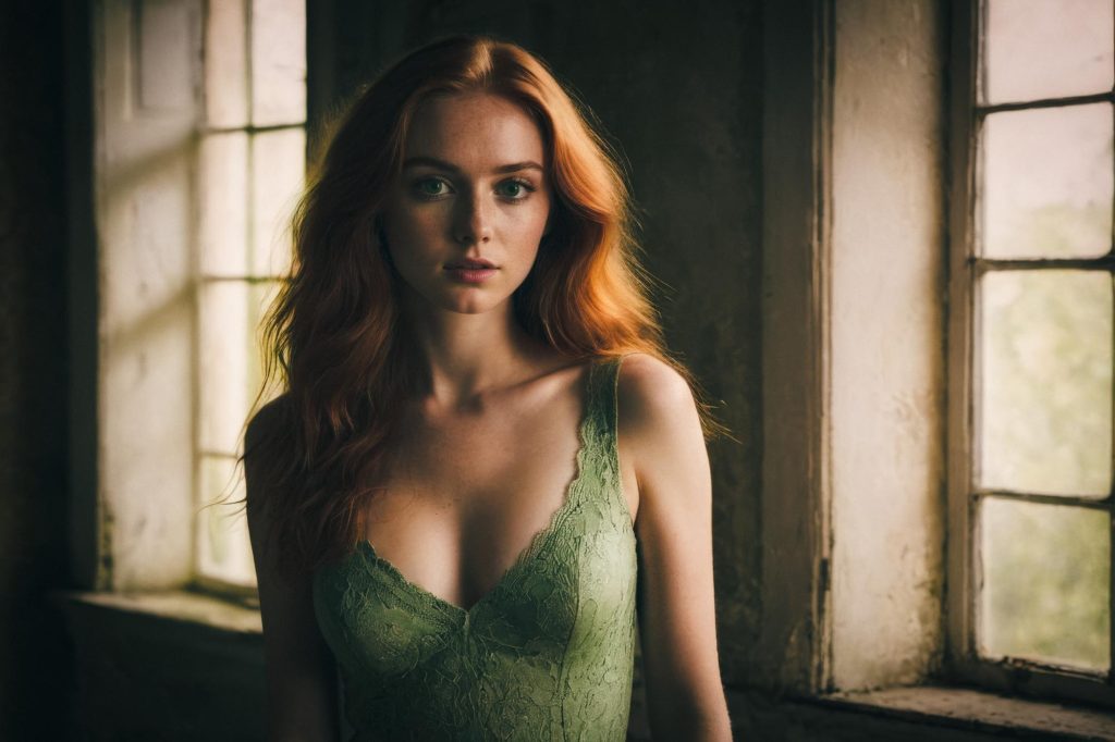 Kvinna med rött hår vid fönster