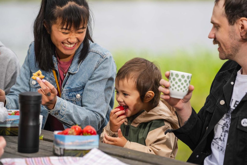 Mor och far med liten pojke som äter jordgubbar på Sågudden i Arvika.