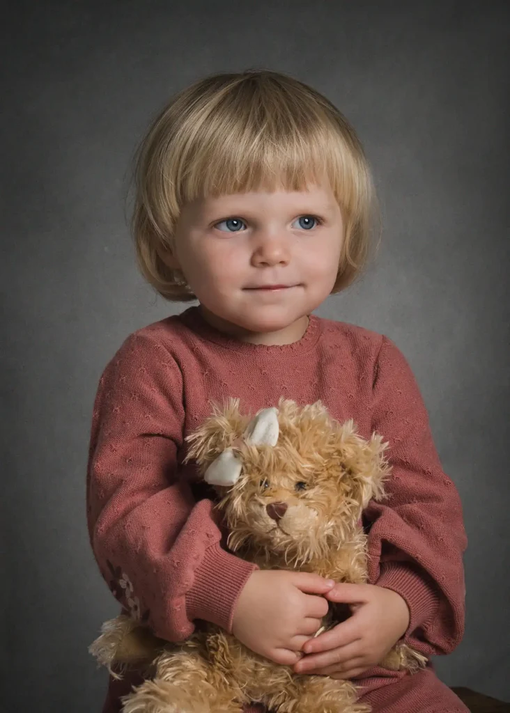 Ett tidlöst studioporträtt på en flicka som kramar en nallebjörn, fotograferad i en studio i Arvika.