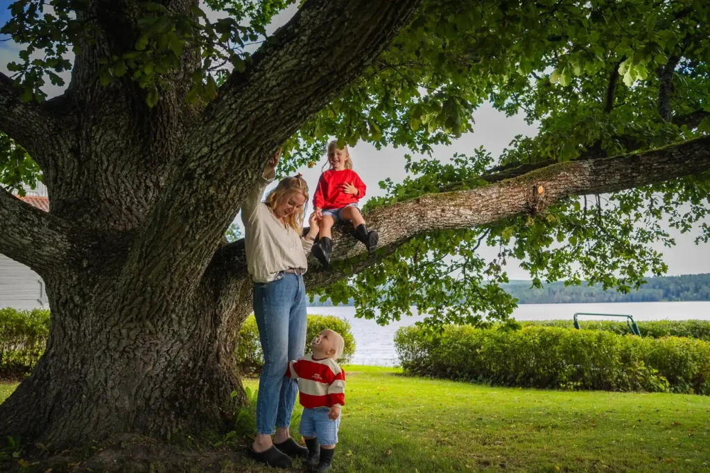 En mamma och hennes två barn under en stor ek vid Bergsjöns strand, Arvika, med utsikt över vattnet.