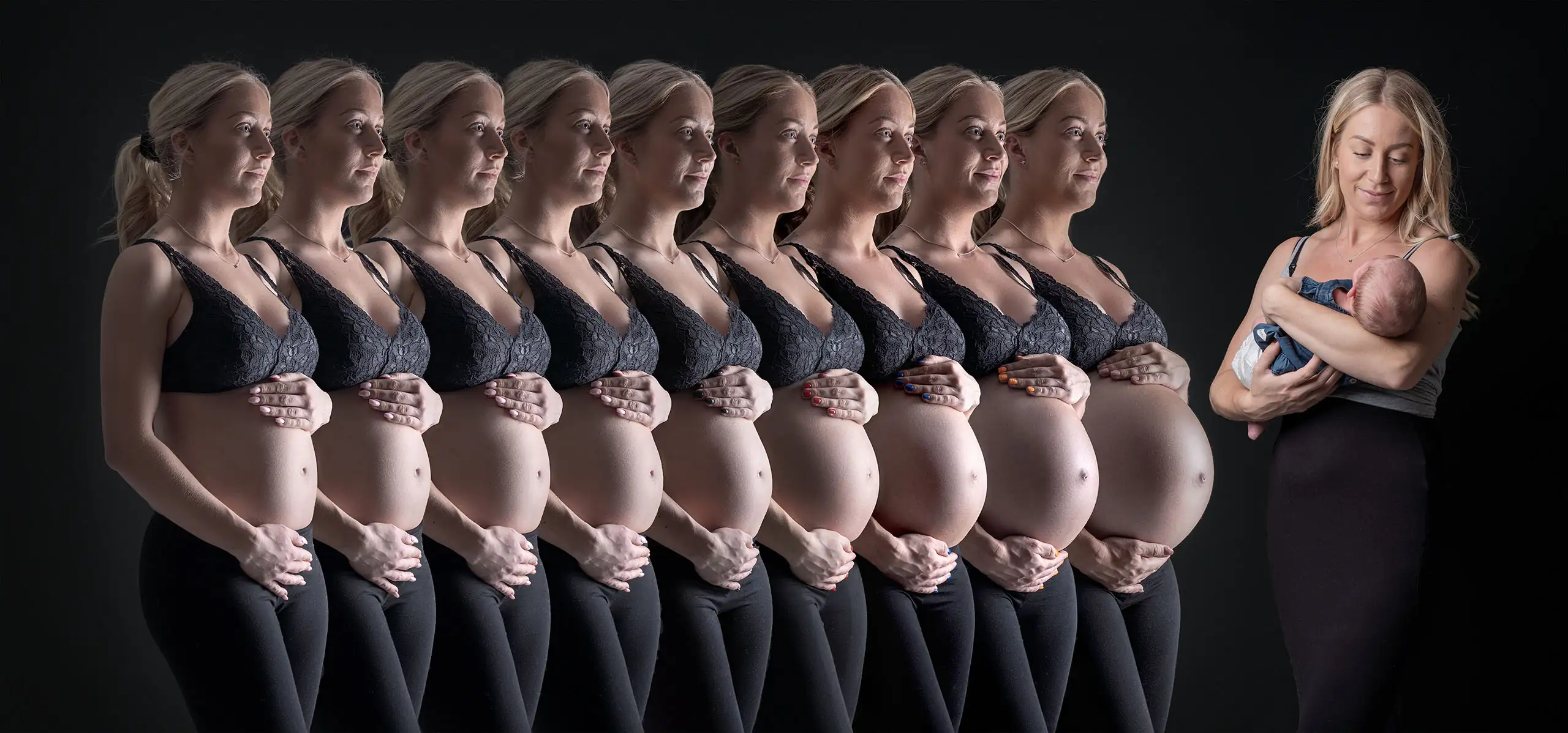 En serie studiobilder som visar en graviditet steg för steg, avslutad med att mamman håller sin nyfödda bebis.